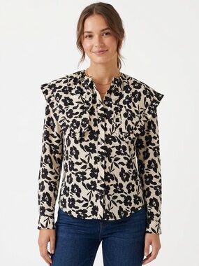 Udel New York Black & White Floral Ruffle Statement Blouse Size Small